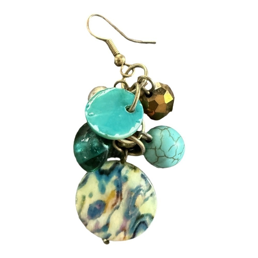 Turquoise stone Gold Dangle Earrings Boho Circle Disk Blue Bohemian - Picture 2 of 4